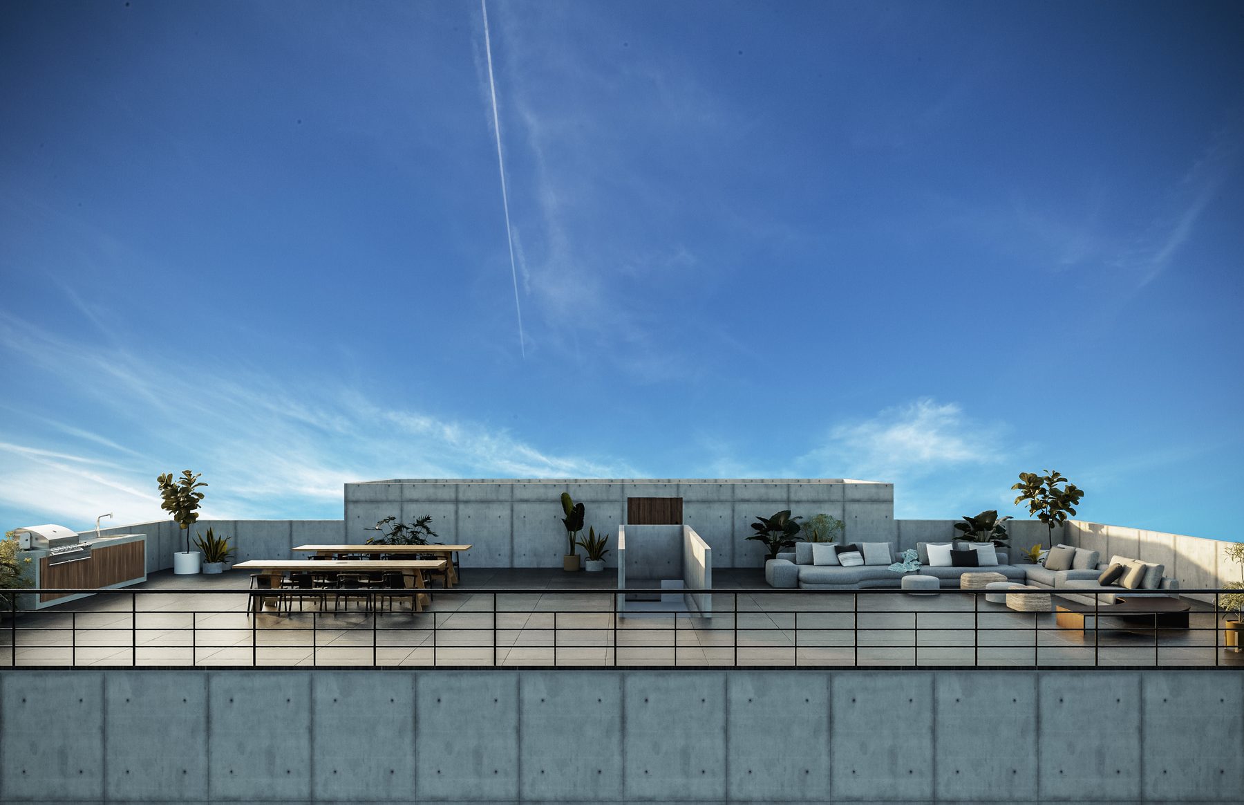 Roof garden común de Altara Satélite con asador, jardineras y lounge