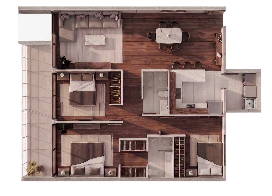 Planta arquitectónica Tipo 3, departamento de 3 recámaras con balcón